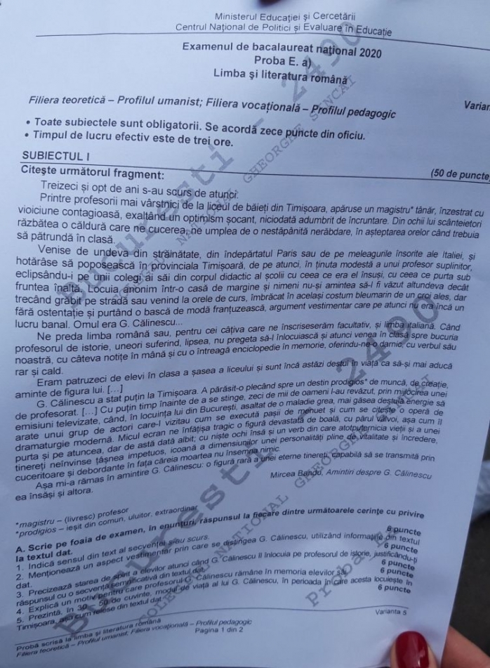 Subiecte română bacalaurat 2020, sesiunea de toamnă. Ce subiect le-a căzut elevilor